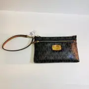 Michael Kors Wristlet Monogram Large New with Tags Jet Set Brown Black Gold