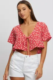 Red Ditsy Tie Up Top Short Sleeve Crop - Size 16XL, Women's Bolero
