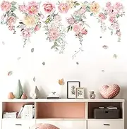 Amimagen Large Flower Wall Decals - Hanging Vine Pink Rose Floral Wall Stickers - Baby Nursery Girls Bedroom Living Room Sofa TV Background Home Wall Decor