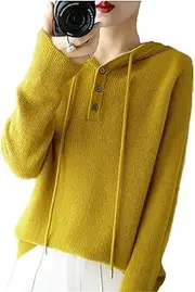 [Nc Toys] Women's Woolen Hoodie, Autumn New Loose Hooded Sweater, Long Sleeve Pullover Top, Wool Sweater (Color : Mustard Yellow, Size : Large)