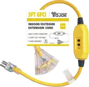 3 Foot GFCI Yellow Extension Cord,Lighted Outdoor 12/3 Cord with 3 Power Outlets