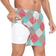 [GuoChe] Mens Swim Trunks Men 2 Layer Workout Running Shorts Moroccan Plaid Green Pink with Liner Inseam Beach Shorts Quick Dry