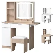 ALFORDSON Modern Vanity Dressing Table Set with LED Mirror, Storage Shelves, Drawers and Stool, Makeup Desk with Extendable Countertop, Wood White Color