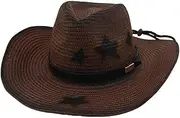[OhMill] Retro Straw Wide Brim Cowboy Sun Hat with Star Beach Travel Hat Cap, UV Protection for Men Women