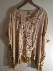 Chico's Rose Embroidered Poncho Color: Blush Peach Size: L/XL Tasseled Bottom