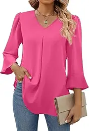 [Funlingo] Womens Tunic Tops Dressy Casual V Neck Business Chiffon Blouses 3/4 Length Sleeve Pleated Trendy Work Shirts