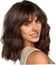 Short Curly Wig with Bangs 14 Inch Natural Looking Adjustable Short Brown Wig, High Temperature Fiber Wave Hair for Daily Use, Cosplay, Theme Parties, Dating