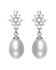 Genevive Silver Pearl & CZ Drop Earrings