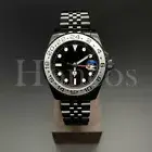 Custom Made GMT Style Watch Automatic Movement Silver Bezel Black Bracelet