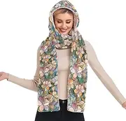 [GAIREG] Winter Hooded Scarf Hat Glove 3 in 1 Warm Hat and Scarf Woman Warm Hooded Scarf Hat, Stained Glass Flowers Pattern, One Size