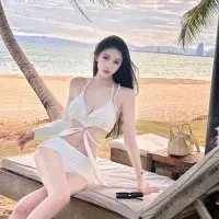 在飛比找蝦皮購物優惠-台灣熱銷 泳裝女性感白色網紗長裙超仙分體比基尼名人清純欲沙灘