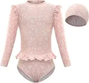 [KAKU NANU] Girls Swimming Costume 2-8 Years One Piece Toddler Swimsuit Long Sleeve Quick Dry Ruffle with Swimming Hat