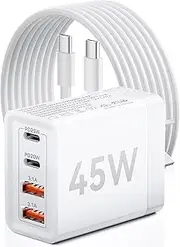 USB C Fast Charger - 45W Dual USB-C Wall Charger, 4-Port 25W USB C Power Adapter with QC3.0 AUS Plug, Dual PD USBC Charger C to C Fast Charging Cable Compatible with Samsung, iPhone