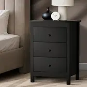 Oikiture Bedside Table with 3 Drawers Wooden Bed Side Table End Table Nightstand Black
