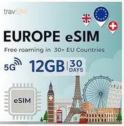 travSIM Europe eSIM | 12 GB Data at 4G/5G Speed | Free Roaming in The UK, Switzerland and EU | Plan on eSIM for Europe is Valid for 30 Days
