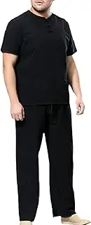 [PUCEK] Men's Fashion Loose Oversized Linen Set Summer Vintage Chinese Style Thin Tang Wear TwoPiece Trousers + Short Sleeve Tshirt