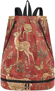 Drawstring Sweet Sika Deer Red bags for women sturdy small gym bags with Wet Dry Compartments, Sweet Sika Deer Red