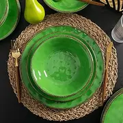 [LEHAHA] Vintage Crackle Melamine Dinnerware Sets, 12 Piece Plates and Bowls Sets, Great for Camping, RV. Durable and Chip Resistant Farmhouse Dishes Set, Service for 4(Green)