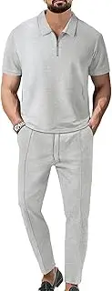 [NAKEAH] Men's Waffle Tracksuit Set Spring Summer Solid Color Lapel Short T Shirt & Pants Two Piece Set