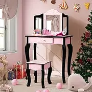 HONEY JOY Kids Vanity Table & Stool Set, Pretend Play Beauty Makeup Dressing Table w/Tri-Folding Mirror & Single Drawer, 2 in 1 Princess Vanity Set Writing Desk w/Detachable Top, Leopard Print
