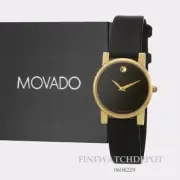 Authentic Movado Moderna Ladies Gold Tone Black Leather Strap Watch 0604229