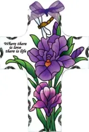 Set of 2 Hand painted art glass window hanger Suncatcher Purple Irises SX 2003