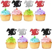 24pcs Dragon Cupcake Toppers, Flying Dragon Cupcake Toppers, Black Glitter Dinosaur Cupcake Picks for Baby Shower, Dragon Themed Birthday/Jungle Animal Party Supplies