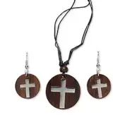 Rosewood & Stainless Steel Cross Christian Necklace Earrings Jewelry Set