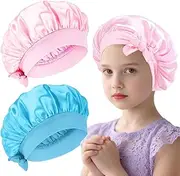 [QGH] 2Pcs Kids Silk Bonnet for Sleeping – Silk Sleep Cap for Toddler, Child, Teens – Adjustable Baby Bonnet for Curly Hair Girls & Boys with Wide Elastic Band (Pink & Blue), Blue Pink, One size