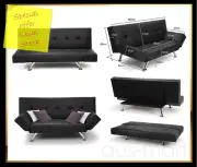 3 Seater Black Faux Leather Sofa Bed Lounge Pine Wood Frame Adjustable Armrests