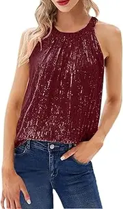 [Generic] Womens Round Neck Sleeveless Carnival Sequined Casual Cami Top - Slim Fit Sleeveless Dressy Sparkle Sequin Halter Tank Tops for Women - Fashion Sexy Party Club Concert Cocktail Vest Camisole Shirt