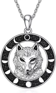 Wolf Pendant Necklace 925 Sterling Silver Moon Phase Wolf Head Viking Necklace J
