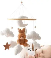 Crib Mobile 18x9 Fleece Bunny, Cloud, Moon & Star Baby Mobile for Bassinet with Wood Holder Ring to Attract Baby's Attention, Promote Eye/Foot/Hand Development, for Bassinet, Crib