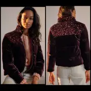 Anthropologie Vera Sequined Velvet Puffer Jacket Coat Wine XL 5* Reviews $248