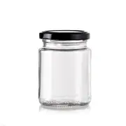 bulk 48 Glass Jar Round w Black Lid 200ml Canister 7x9cm