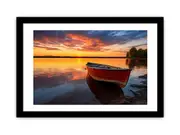 Calm Sea With Boat At Sunset Canvas Painting