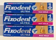 FIXODENT Ultra Max Hold 1.8 OZ EACH DENTURE ADHESIVE CREAM (Pack of 3 Tubes)