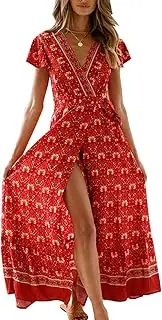 [PRETTYGARDEN] Women Boho Summer Side Split Deep V Neck Short Sleeves Maxi Dress with Belt
