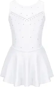 [Sinleey] Kids Girls Sleeveless Figure Ice Skating Dress Sparkly Rhinestone Ballet Tutu Dress Leotard Dancewear