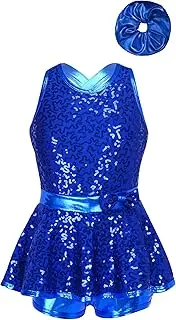 [Aislor] Kids Girls Sleeveless Sequins Dance Dress Ballet Leotard Unitard Latin Jazz Dance Costume with Hair Band Set