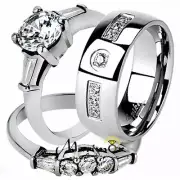 His & Her Stainless Steel Bridal Engagement Ring Set & Zirconia Wedding Band