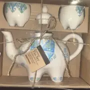 4 Piece Elephant Tea Set, Brand New In Box, Turquoise & Green, White, WM