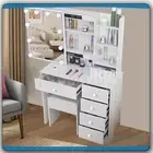 White Dressing Table With Makeup Mirror & LED Bulbs 6 Drawers Stool Vanity Desk
