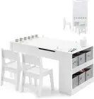HONEY JOY Kids Table and Chairs Set 3 Pieces Writing Desk w/Storage Canvas Bins