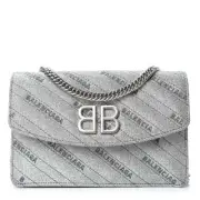 Balenciaga BB Silver Glittered Leather Wallet on Chain Bag NEW