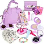 Learn2M Handbag for Children Girls, My First Pretend Handbag for Little Girls with Purse Makeup Mobile Phone Sunglasses Makeup Toy and More for Children from 3 Years Gift Idea Purple