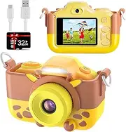 [BlueFire] 16MP HD Digital Camera for Kids, 2in IPS Screen Children Selfie Camera with Cartoon Silicone Cover & 32GB SD Card, Christmas/Birthday Toys for 4-11 Year Old Boys & Girls(Yellow)
