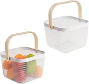 SHENMAIDAY 2 Pack Metal Mesh Steel Basket, Storage Organizer Basket Multi-functional Hanging Kitchen Baskets Fruit Basket Bin with Bamboo Handle for Kitchen Bathroom Picnic, White
