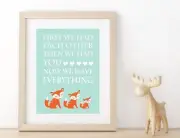 Aqua Boy Woodland Nursery Print, Baby Boy Fox Nursery Decor