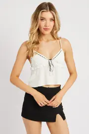 White Cami Top Ribbon Textured Frill - Size 16XL, Women's Cami